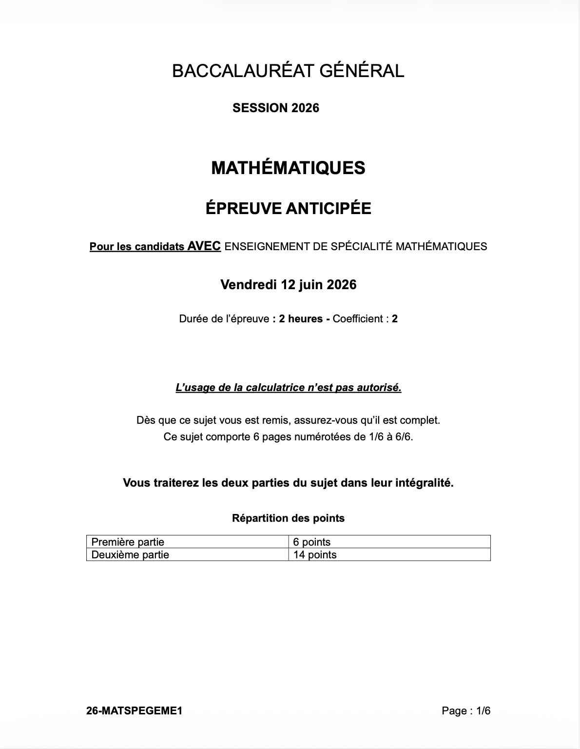 Epreuve de spé maths page 1.