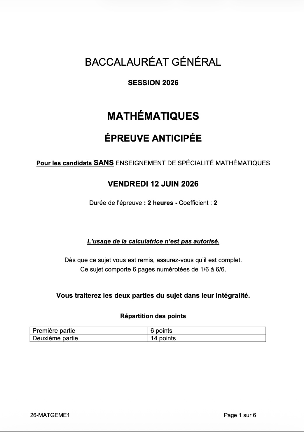 Epreuve de maths sans spécialité page 1