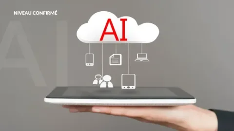 Un téléphone posé sur une main et un nuage d'intelligence artificielle est posé dessus