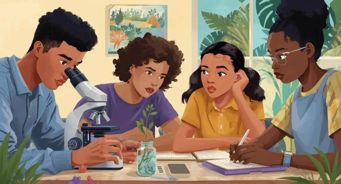 Illustration de quatre ados en classe de biologie-écologie