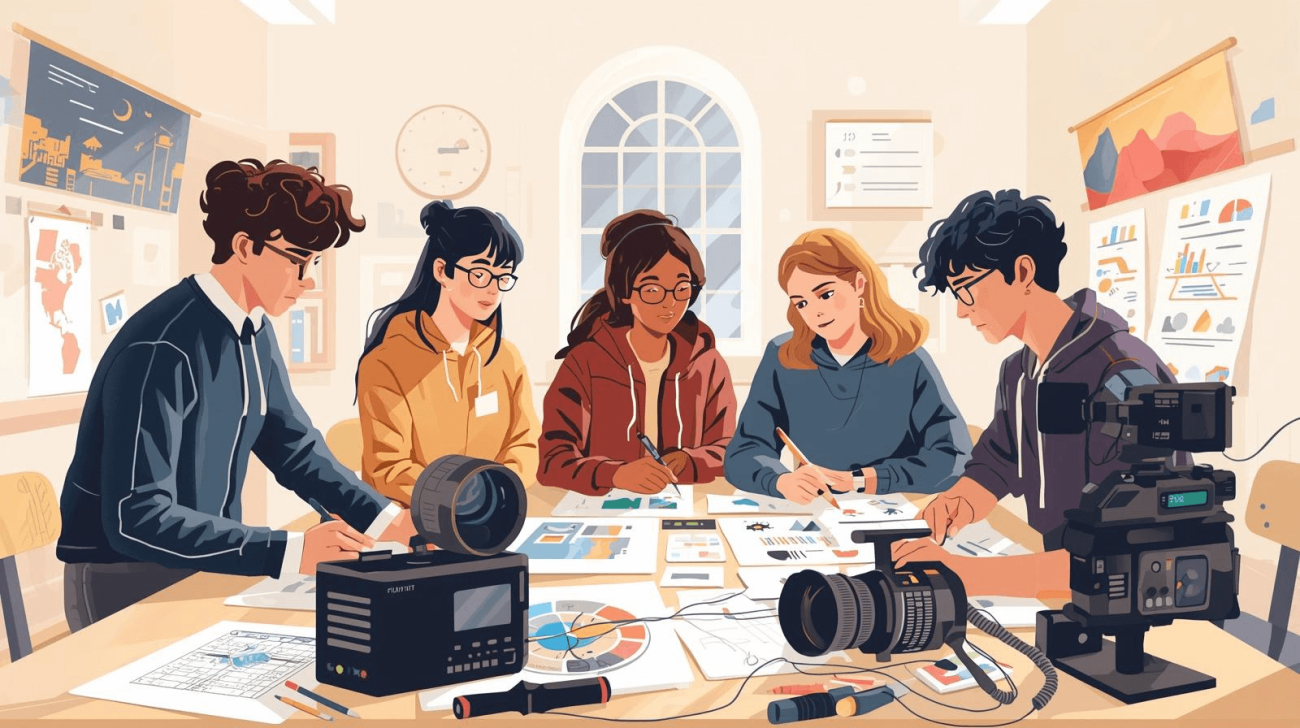 Groupe d'élèves en cours de spécialité arts, option cinéma-audiovisuel.