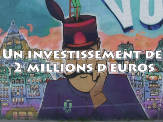 Titre de la vidéo "un investissement de 2 millions d'euros". En fond, un graffiti sur un mur.